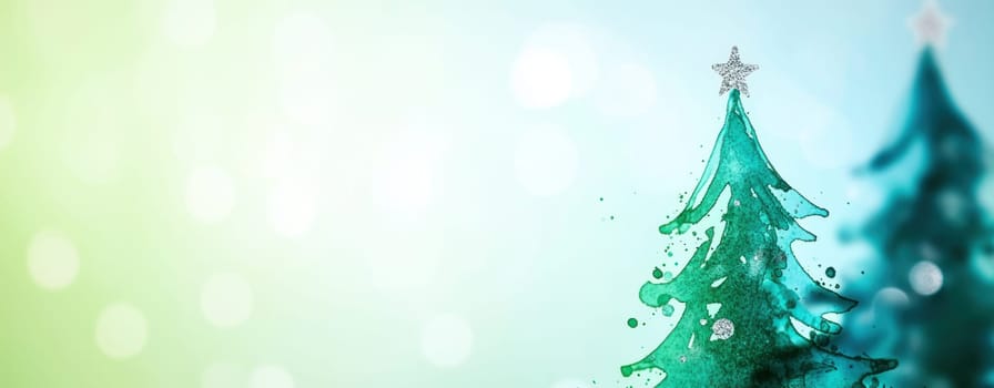Watercolor splash of Christmas tree with star on top, festive vibes.