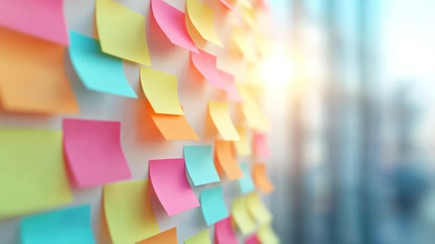 Colorful sticky notes create vibrant workspace atmosphere filled with creativity.
