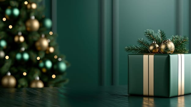 Elegant green Christmas gift box with gold accents beside festive tree.