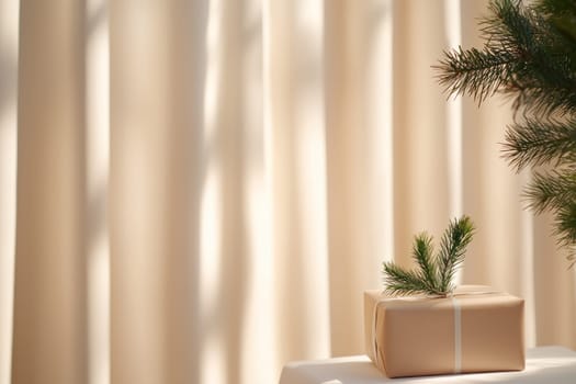 Wrapped gifts with sprig of pine, set against soft curtains.