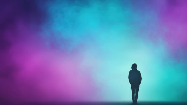 person stands in vibrant gradient background of cool colors, evoking sense of wonder and.