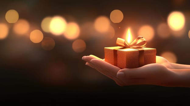 Gift box with bow held in hand, glowing warmly in festive atmosphere.