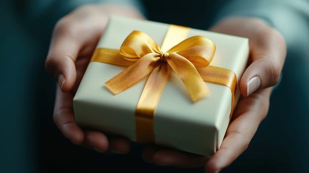 person holds cream gift box with golden ribbon, expressing joy.