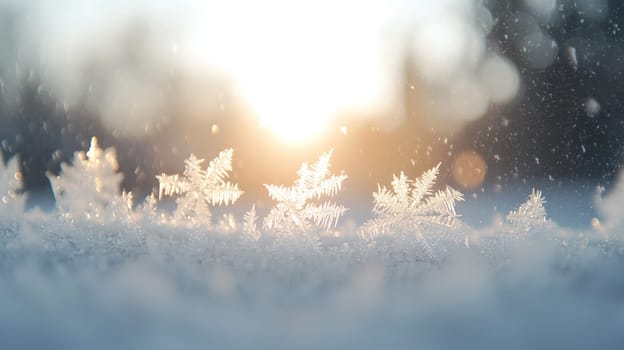 Glistening snowflakes gently fall on frosty surface, creating serene winter scene.