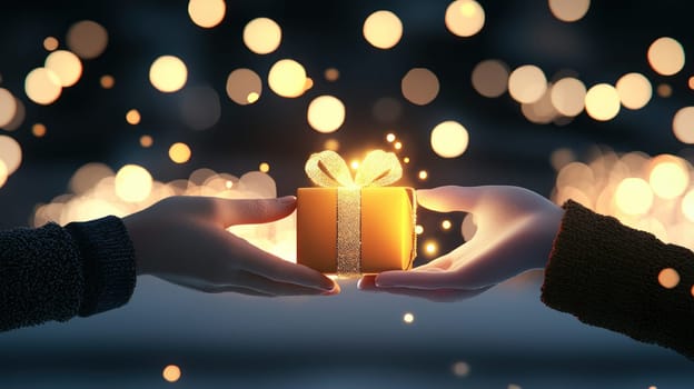 warm exchange of gift in festive atmosphere with glowing lights.