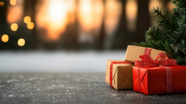 Festive Christmas gifts wrapped in red and gold with tree.