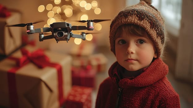 child gazes in wonder at drone flying near festive gift boxes.