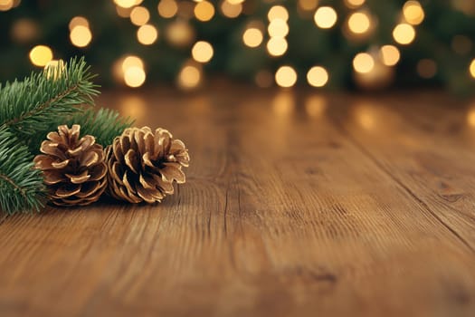 Golden pine cones and fir branches on wooden surface create warm, festive atmosphere.