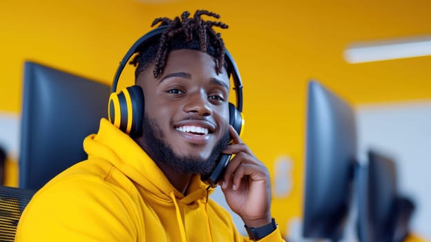 Smiling man wearing headphones in bright workspace.