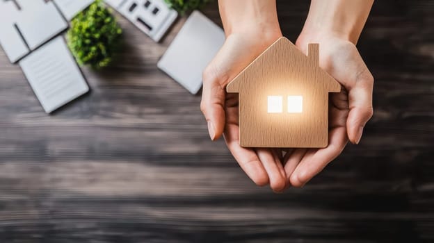 person holds wooden house model with glowing windows, symbolizing home.