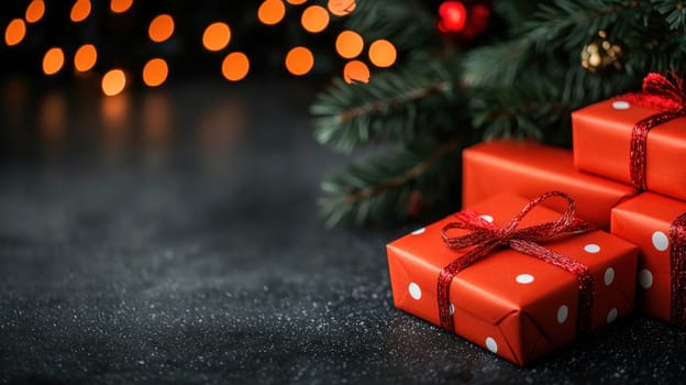 Brightly wrapped red gifts with white polka dots under festive tree.