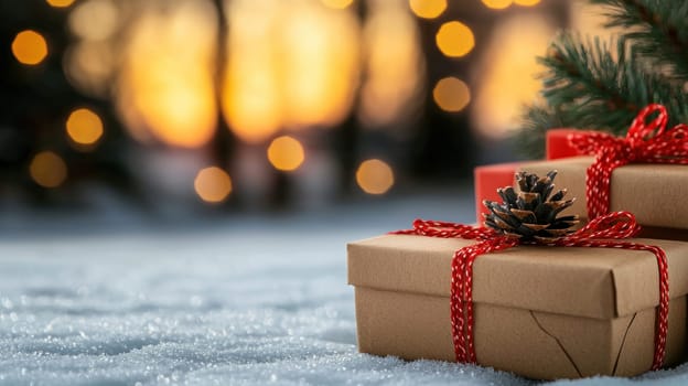 Cozy holiday gifts wrapped in brown paper with red ribbons and pinecones.