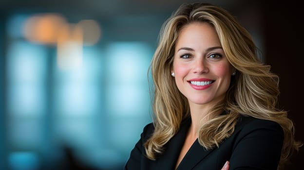 confident corporate executive smiling in professional setting.
