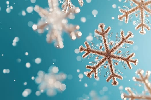 Glittering snowflakes falling against blue background create magical winter scene.
