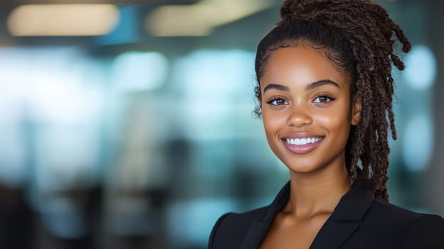 confident woman smiling in professional setting, showcasing her charm and poise.