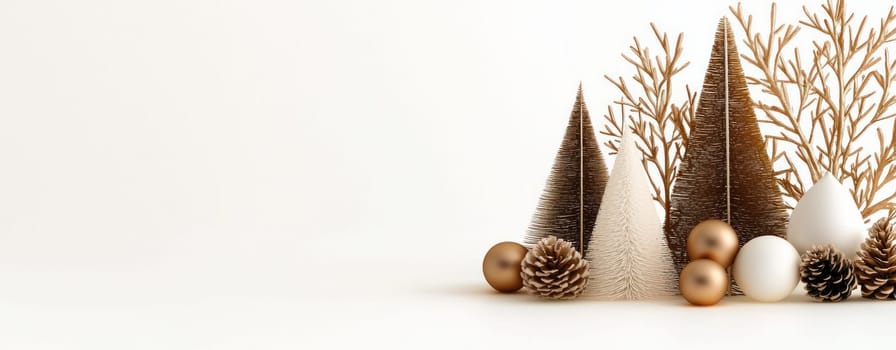 Elegant Christmas decor with trees, ornaments, and pinecones.
