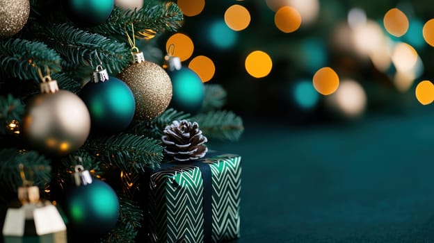 Elegant Christmas tree adorned with green and gold ornaments, creating festive atmosphere.