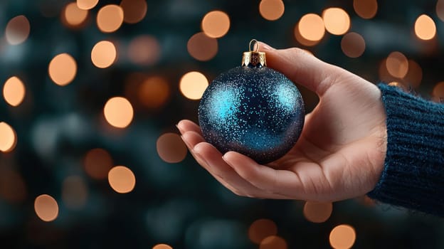 hand holding blue Christmas ornament with blurred background of lights.