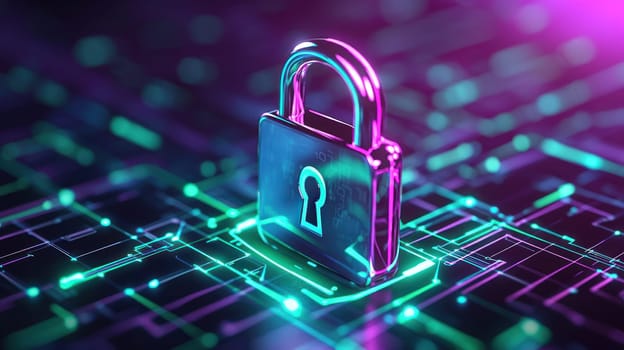 Futuristic digital padlock with holographic effects and binary code.