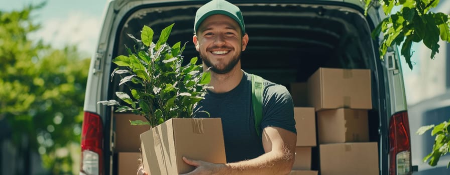 Smiling man holding plant in box while standing by van.