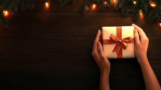 Hands holding gift in festive Christmas atmosphere with lights.