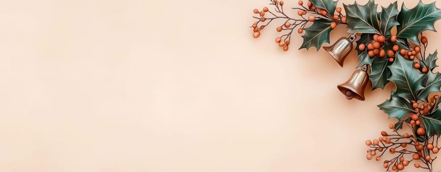 Festive holly and golden bells on soft pastel background create warm atmosphere.