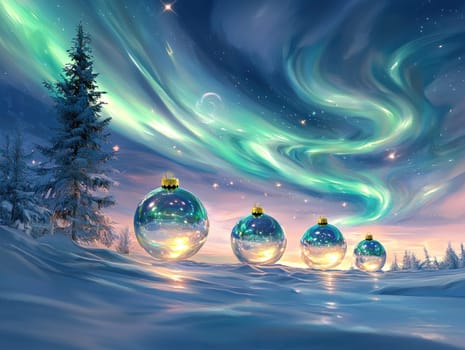 Surreal Christmas landscape with oversized baubles and northern lights.