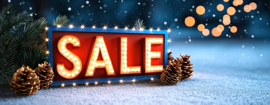 Festive SALE sign with illuminated letters, pine cones, and snow.