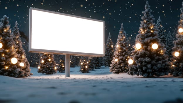 blank billboard stands in snowy forest surrounded by illuminated trees.