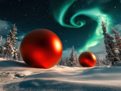 Surreal Christmas landscape with oversized baubles and northern lights.