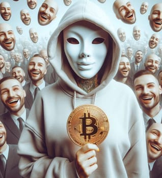 A woman in a hoodie holding a gold coin with the letter B on it. She is surrounded by people with masks on, including a man with a tie. The image has a mysterious and secretive vibe