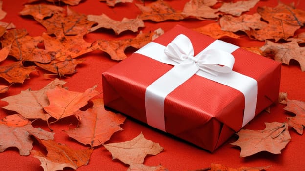 beautifully wrapped red gift box with white ribbon on bed of autumn leaves.