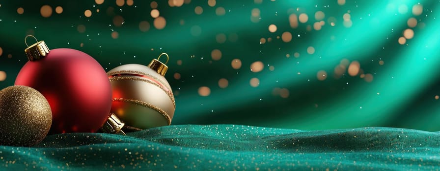 Festive Christmas baubles on shimmering green background create joyful atmosphere.