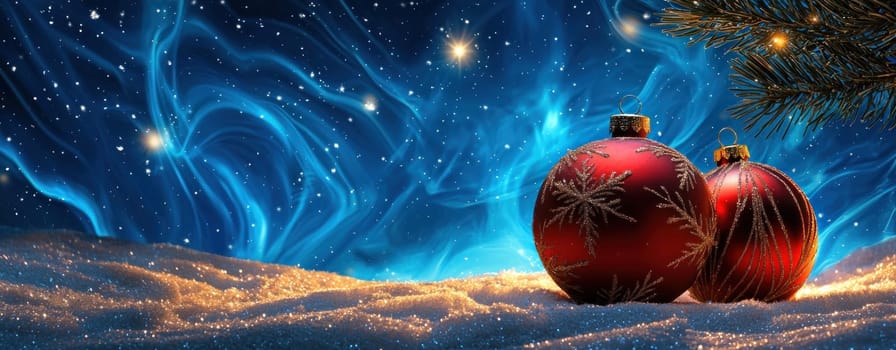 festive scene featuring oversized red baubles resting on snowy surface, surrounded by starry night.