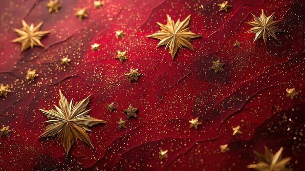 Golden starburst pattern on deep red background creates festive atmosphere.