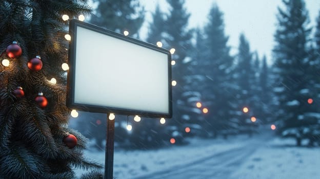 festive roadside billboard surrounded by snowy trees and lights.