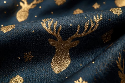 Golden reindeer silhouettes on soft navy blue fabric create festive look.