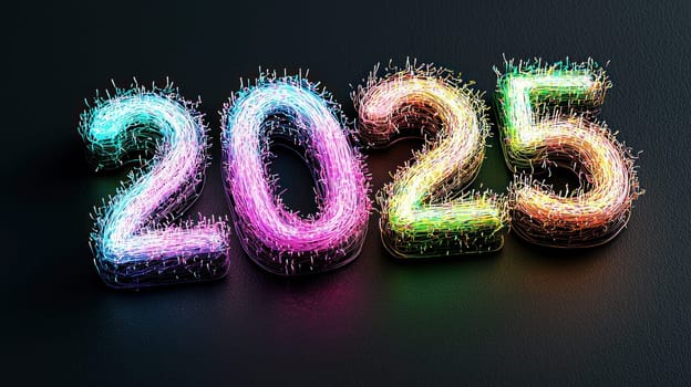 Colorful stylized numbers 2025 glowing with vibrant lights create festive atmosphere.