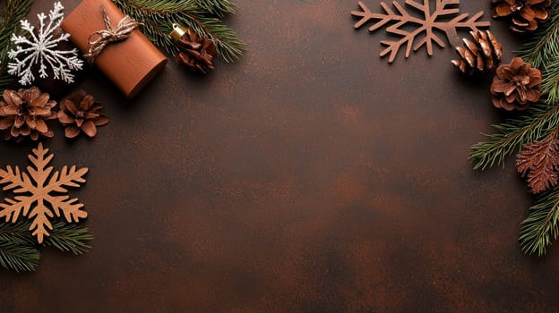 Rustic wooden snowflakes and pinecones create cozy Christmas backdrop.