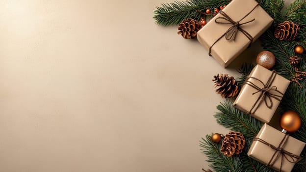 Elegant Christmas gifts arranged with pine branches and ornaments.