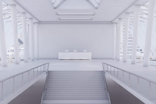 A sleek, office room with a minimalist design, featuring a long table, and large stair. 3D render