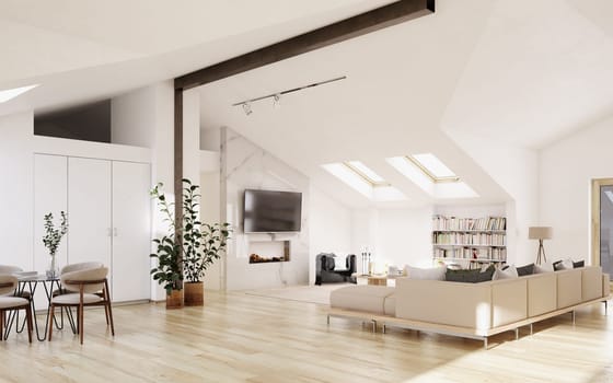 Bright, minimalist loft living room with modern furniture and natural light. 3d render