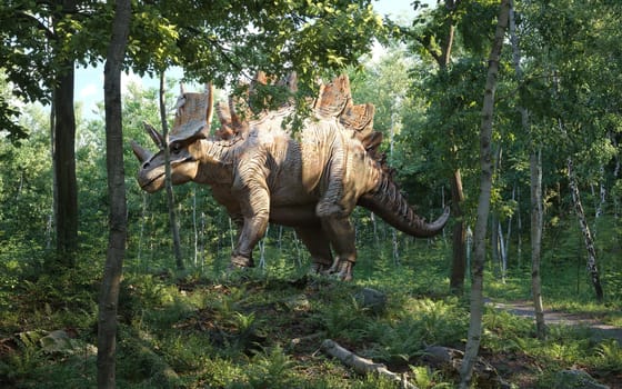 A realistic dinosaur roaming through a dense, sunlit forest. 3d render