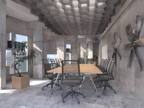 A sleek, office conference room with a minimalist design, featuring a long table, and large concrete windows flooding the space with light. 3D render