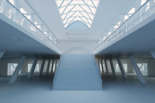 Minimalist interior with geometric pillars and a wide staircase in soft light. 3d render