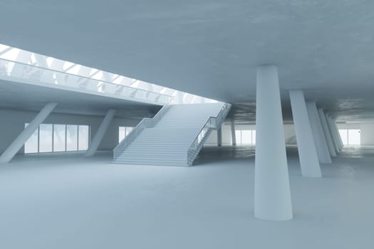 Minimalist interior with geometric pillars and a wide staircase in soft light. 3d render