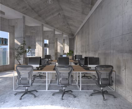 A sleek, office room with a minimalist design, and large concrete windows flooding the space with light. 3D render