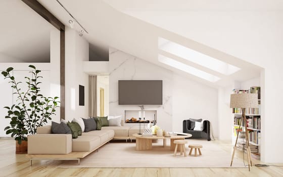 Bright, minimalist loft living room with modern furniture and natural light. 3d render
