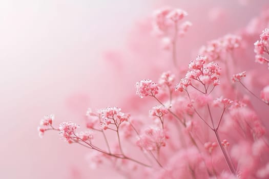Pink cherry blossoms and petals on a soft pink background..