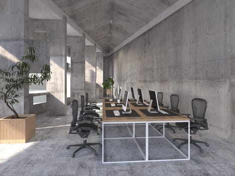 A sleek, office room with a minimalist design, and large concrete windows flooding the space with light. 3D render